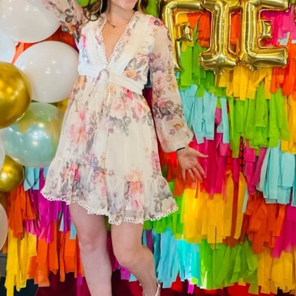 Season of Sweetness Ivory Floral Print Long Sleeve Mini Dress
